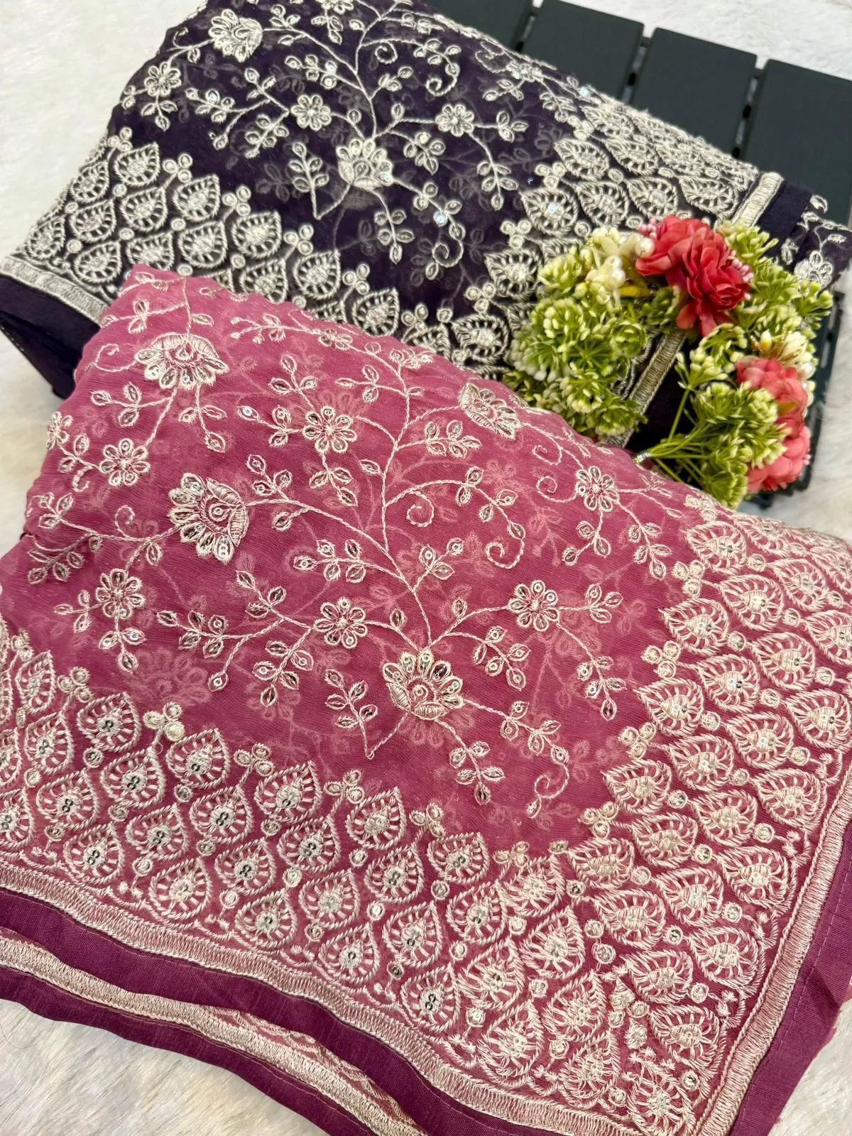 Silk Fabric Chikankari Work With Silk Saree - Image 12 in Surat